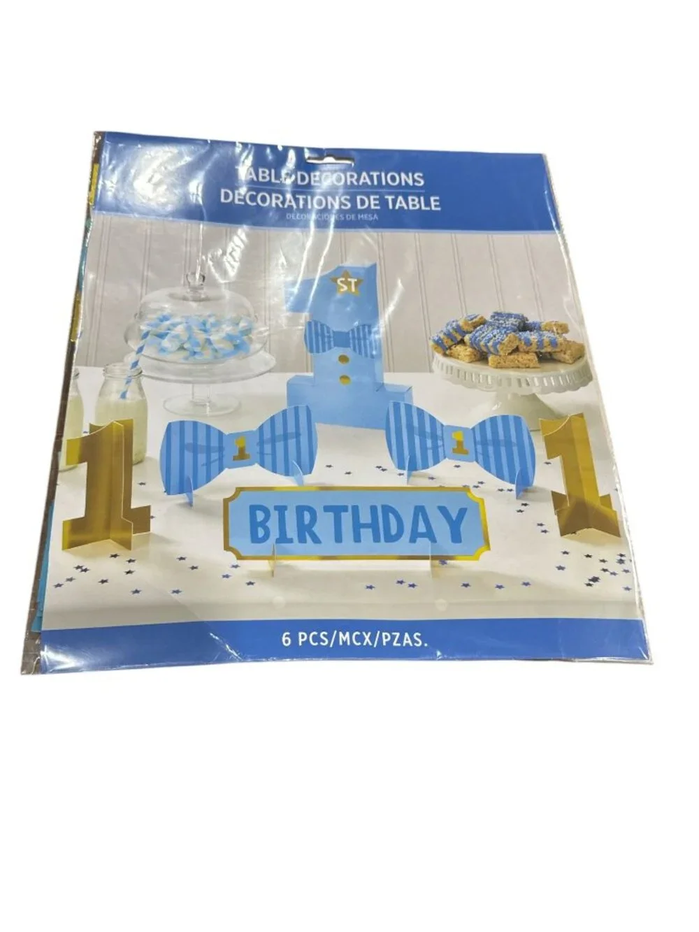 1st Birthday Table Decorations Set With Blue & Gold Theme 6-Piece Pack For Boys